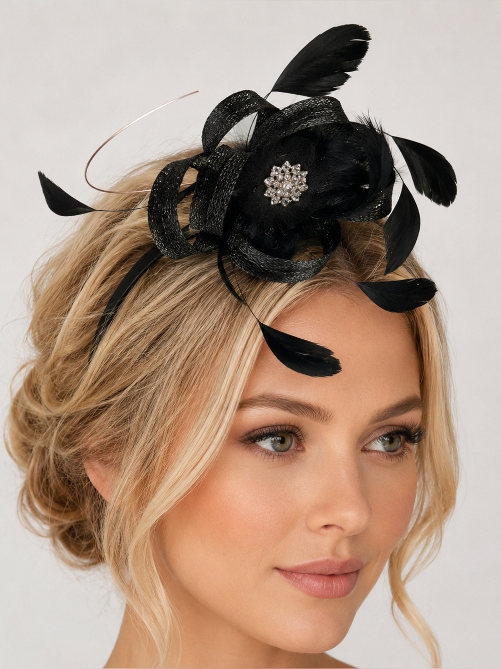 Vintage Black Feather Fascinator Headband with Rhinestone Accent